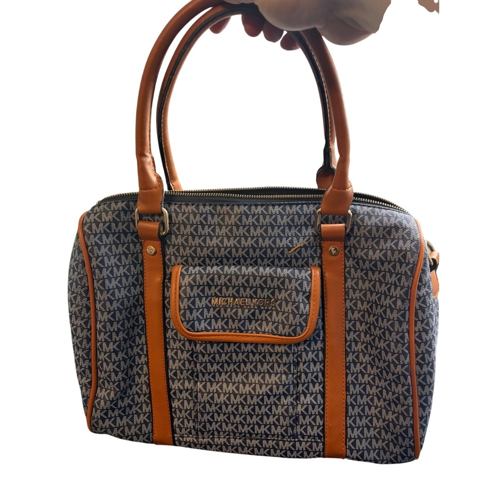 Michael Kors Blue Monogram Canvas Satchel Bag Brown Trim Gold Hardware